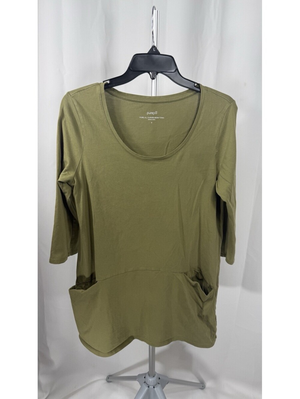 Pure Jill Small Olive Green Curved Seam Tunic Pima Cotton 3 4 Sleeve Top
